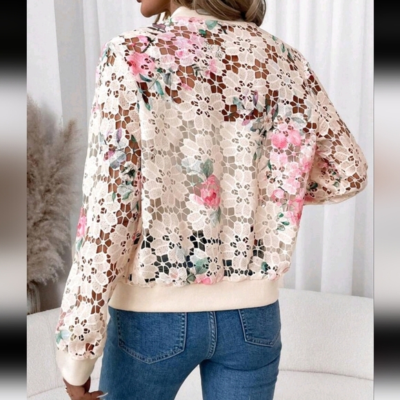Floral Lace Bomber Jacket - Pink and Cream - Picture 2 of 5